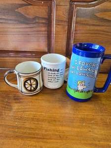 lot 96 image: 3 Collect Mugs Fishing, Funny Joke Mug and Wheel Mug