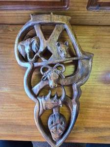 lot 97 image: Hand Carved Wooden African Map, Wall Hanging Big Five Animals