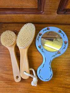 lot 99 image: Blue Painted Mirror and Wooden Brushes