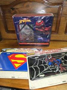 lot 107 image: Spiderman Collectors Box and a Spiderman and Superman License Plate Holders