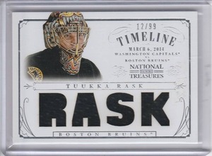 lot 29 image: 2013-14 Tuukka Rask National Treasures Game Worn Materials #1299