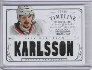 lot 30 image: 2013-14 Erik Karlsson National Treasures Game Worn Materials #1999