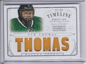 lot 96 image: 2013-14 Tim Thomas National Treasures Game Worn Materials #3699