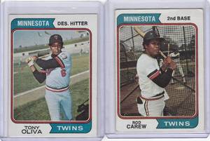 lot 174 image: 1974 Topps Rod Carew #50, Tony Oliva #190