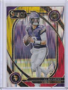 lot 184 image: 2024 JJ McCarthy Panini Select Club Level Red & Yellow Prizm Shock RC #246