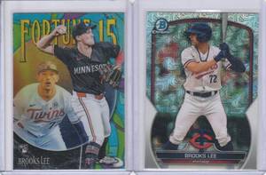 lot 121 image: 2025 Brooks Lee Rookies - 2025 Topps Chrome Fortune 15 #F15-14, 2023 Bowman Mojo #BCP-248