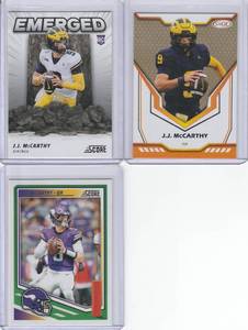 lot 124 image: JJ McCarthy - 2024 Score Emerged RC #EM-JMY, 2023 Sage Gold #135, 2025 Score #291