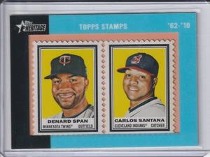 lot 118 image: 2011 Denard Span & Carlos Santana Topps Heritage Topps Stamps, #5562