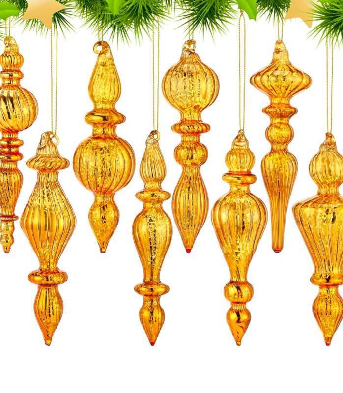 lot 184 image: 8pc Glass 6 Christmas Ornaments Gold $35.99 Retail - Brand New