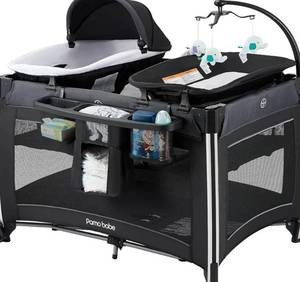 lot 169 image: Pamo Babe Black 4 in 1 Pack N Play with Bassinet $199.99 Retail - Brand New