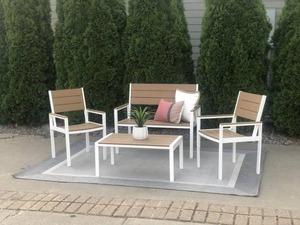 lot 11 image: �NEW 4pc Outdoor 2 Chairs Coffee Table and Bench WhiteBrown Polywood All Weather Wood
