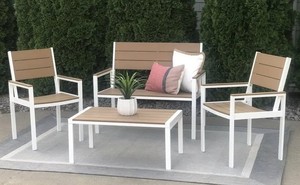 lot 14 image: �NEW 4pc Outdoor 2 Chairs, Coffee Table and Bench WhiteBrown Polywood All Weather Wood