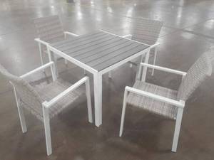 lot 19 image: Lot Updated - Winston 5pc Outdoor Dining Set - WhiteGray Aluminum frame, with Polywood top - 4Rattan Chairs