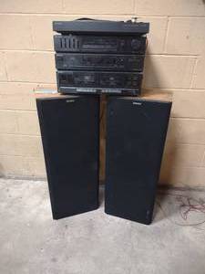 lot 86 image: tower speakers, equalizer stereo cassette tape deck, Record Player