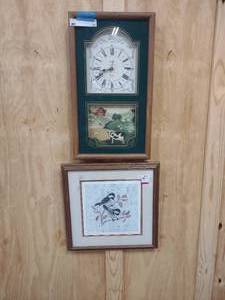 lot 51 image: clock, chickadees batik print