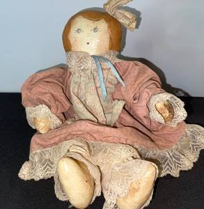 lot 23 image: Antique Rag Doll with Lace Dress - Pink Pattern Gown, Painted Face