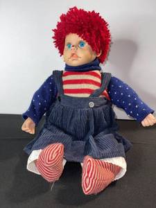 lot 24 image: Vintage Cloth Doll - Red Yarn Hair, Striped Shirt & Corduroy Overalls