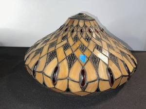 lot 40 image: Tiffany-Style Glass Mosaic Lamp Shade - AmberTan with Red Droplet Accents