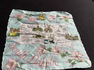 lot 60 image: South Dakota Map Scarf - Floral Pink Flowers on Light Blue Fabric Souvenir
