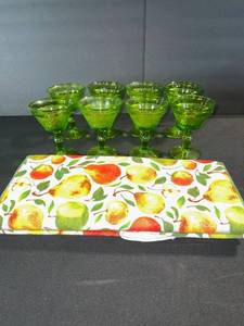 lot 81 image: Green Glass Goblets - Footed Dessert Glassware With Etched Pattern