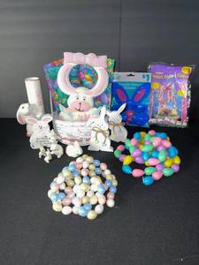 lot 89 image: Easter Bunny Decor Set Ceramic Bunnies, Basket, Glasses & Colorful Eggs