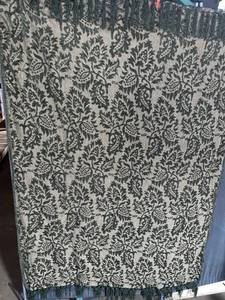 lot 96 image: Throw Blanket - Beige with Green Floral Damask Pattern & Fringe