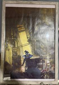 lot 97 image: Framed Wall Art Print - Silhouette Figure In Industrial Cityscape