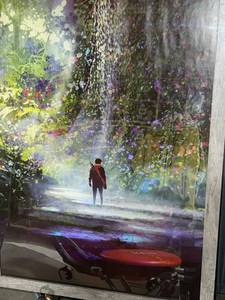 lot 98 image: Framed Art Print - Lone Figure in Neon Floral Forest Scene