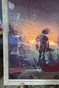 lot 99 image: Framed Art Print - Silhouette with Backpack at Sunset City