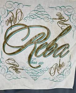 lot 110 image: Souvenir Scarf - White Woven Fabric with Teal & Gold Script Tour 101 Reba
