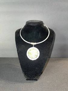 lot 117 image: Necklace - Silver-Tone Circular Pendant with GreenYellow Marbled Inlay