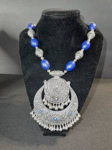 lot 123 image: Silver-Tone Filigree Crescent Necklace with Blue Beads