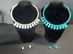 lot 124 image: Bead Necklace Set with Teardrop Earrings - White & Turquoise (2-Pc Set)
