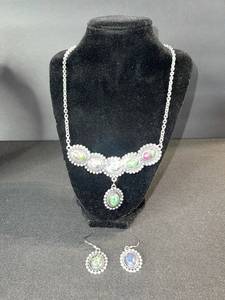lot 126 image: Silver-Tone Necklace & Drop Earring Set with Oval Green, Pink & Blue Cabochons