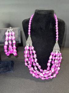 lot 128 image: Pink Bead Necklace & Earrings Set - Magenta Multi-Strand with Silver-Tone Accents