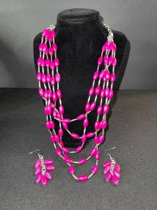 lot 131 image: Magenta Pink Beaded Multi-Strand Necklace with Matching Earrings Set
