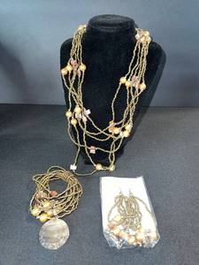 lot 132 image: Bronze-Tone Beaded Multi-Strand Necklace with Amber Beads & Coin Pendant