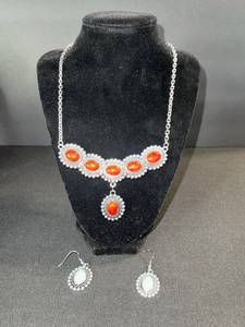 lot 135 image: Orange Cabochon Necklace & Earrings Set - Silver-Tone Beaded Halo