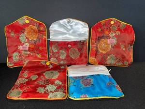 lot 146 image: Silk Floral Pouches - Red With Yellow Trim (Lot of 5)