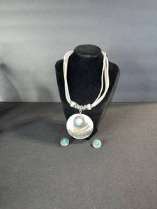 lot 157 image: Turquoise Shell Pendant Necklace with Turquoise Cabochon - Earrings & Ring Set