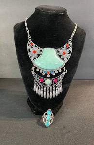 lot 160 image: Statement Necklace & Ring Set - Silver Tone Turquoise Cabochon & Red Accents