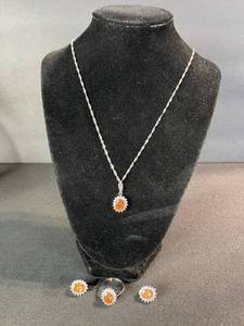 lot 161 image: Orange Center Stone Halo Pendant Necklace with Ring & Stud Earrings