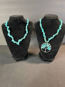 lot 162 image: Turquoise Chip Bead Necklaces Set of 2 - One with Tree of Life Pendant