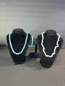 lot 164 image: Turquoise Bead Necklace Set - 2 Long Necklaces & 1 Bracelet, Bright Sky Blue Stones