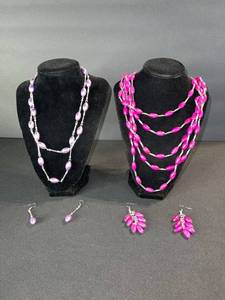 lot 167 image: Beaded Necklaces & Earrings Set - Purple & Pink