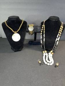 lot 168 image: Gold-Tone Bead Necklace Set - Coin Pendant Necklace, Beaded Bracelet & Earrings
