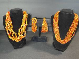 lot 171 image: Orange Bead Necklace Set - Two Long Multi-Strand Necklaces with Earrings & Bracelet