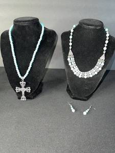 lot 175 image: Turquoise Bead Necklaces with Cross Pendant - Ornate Bib Necklace & Earring Set