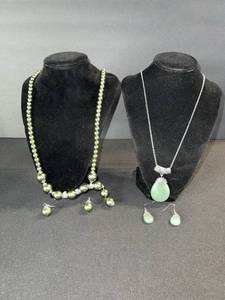 lot 176 image: Green Bead Necklace & Earrings Set - Two Necklaces & Two Pairs of Earrings