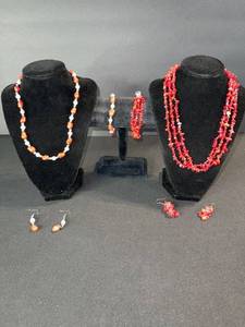 lot 178 image: Red Bead Jewelry Set - 2 Necklaces, Bracelet & Earrings